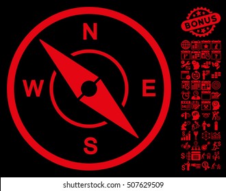 Compass pictograph with bonus calendar and time service clip art. Vector illustration style is flat iconic symbols, red color, black background.