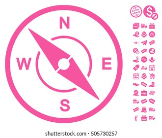 Compass pictograph with free bonus icon set. Vector illustration style is flat iconic symbols, pink color, white background.