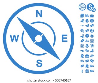 Compass pictograph with free bonus pictures. Vector illustration style is flat iconic symbols, cobalt color, white background.