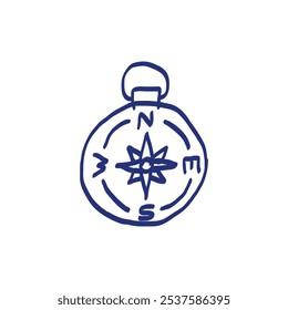 Bússola Esboço de item pirata. Ilustração desenhada à mão. Ícone de vetor. Caneta azul ou desenho marcador. Imagem infantil primitiva