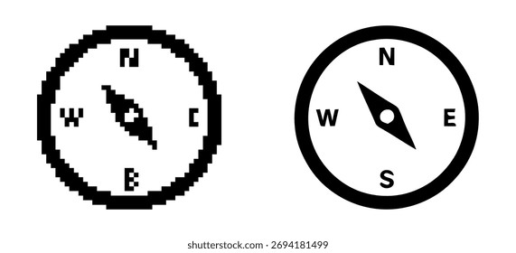 Compass with Pixelated and High Resolution Navigation Icons on a White Background