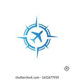 Compass with plane for transport or travel logo design