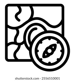 Compass pointing north with topographic map indicating location for hiking and exploration