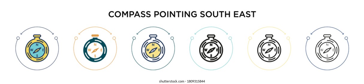 Compass pointing south east icon in filled, thin line, outline and stroke style. Vector illustration of two colored and black compass pointing south east vector icons designs can be used for mobile, 