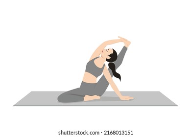 Compass Pose, Sundial Pose. Beautiful girl practice Surya Yantrasana. Young attractive woman practicing yoga exercise. working out, black wearing sportswear, grey pants and top, indoor full length