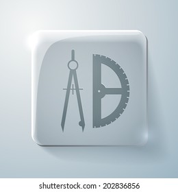 the compass and protractor. characters geometry. Glass square icon with highlights