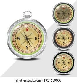 The compass is realistic in different designs. Realistic. For travel destination design.