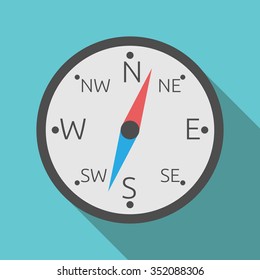 Compass with red and blue hand on blue background with long drop shadow. Flat style. EPS 8 vector illustration, no transparency