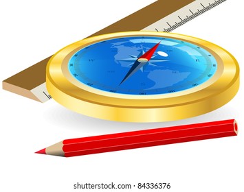 Compass and red pencil on a white background