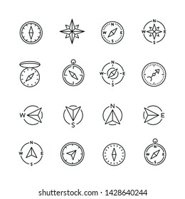 Compass related icons: thin vector icon set, black and white kit