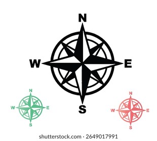 A compass rose in black, green, and red, indicating the cardinal directions: North, South, East, and West.
