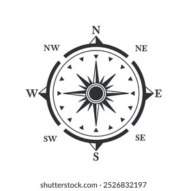 Brújula Rosa Con Direcciones Cardinales Y Subdirecciones En Un Diseño En Blanco Y Negro, Símbolo De Vector