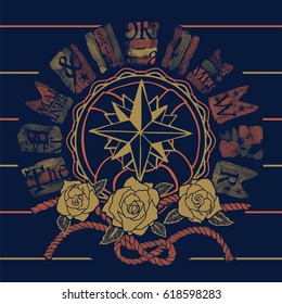 Compass rose with flags and flowers