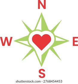 Compass rose with a heart at the center, indicating directions