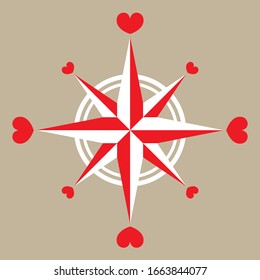 Compass rose with hearts, orient your life toward what you love