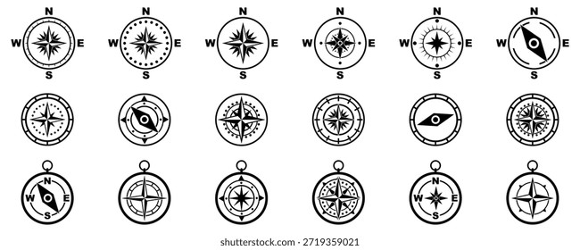 Colección de ícono de rosa de brújula con símbolos de navegación y direcciones cardinales. Estilo de Vector monocromo adecuado para mapas de viajes y temas de Orientación