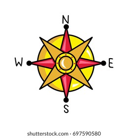 Compass rose icon, navigation and traveling sign. Children drawing of pirate concept vector illustration isolated on white background.