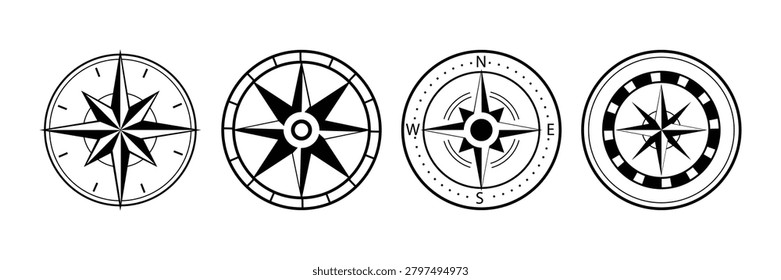Compass Rose Icon Set  Nautical Navigation, Cardinal Directions  Maritime Vector Collection