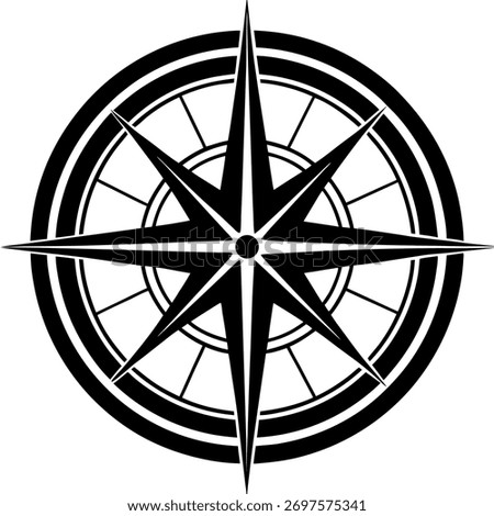 Compass Rose Illustration in Black and White – Stylized Navigation Symbol for Maps, Travel, and Exploration