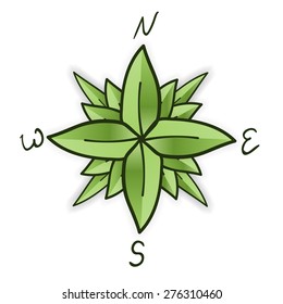 Compass rose made of green leaves. Eco travel concept