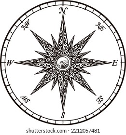 Compass rose map icon. Original illustration in an old vintage woodcut etching engraving style