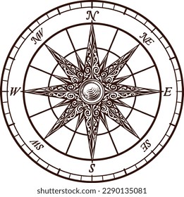 Compass rose map icon. Original illustration in an old vintage woodcut etching engraving style