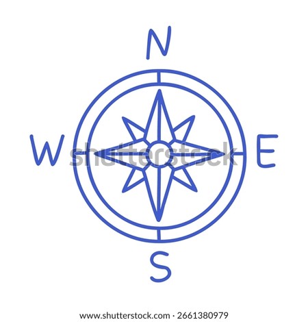 Compass rose in marine blue line art style. Hand drawn nautical icon. Outline vector isolated illustration. 