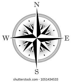Compass rose for marine or nautical navigation and geographic maps on a isolated white background as vector with all related wind directions.