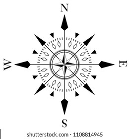 Compass rose for marine or nautical navigation and geographic maps on a isolated white background as vector with all related wind directions.