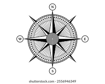 Compass rose for marine or nautical navigation and geographic maps on a isolated white background as vector with all related wind directions.