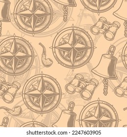 Compass rose monochrome pattern seamless with elements ship navigation and tobacco pipe or bell from deck sea vessel vector illustration