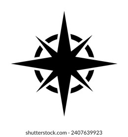 Kompassrose - nautische Karte. Reiseausrüstung mit Orientierung in Richtung Norden, Osten, Süden und Westen. Einfache, flache schwarze Vektorsymbol