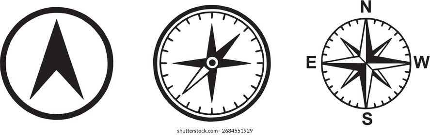 Conjunto de Vector Compass Rose y Navigation Icon Silhouettes