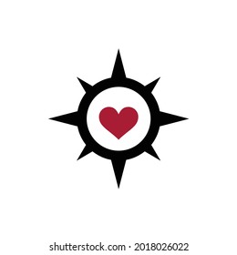 compass rose navy with red heart for valentine or nautical logo design vector