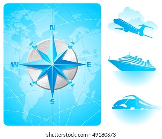 Compass rose on a world map background and contemporary transport