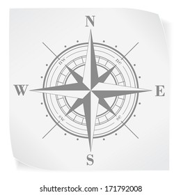 Compass rose over white paper sticker isolated on white. Vector EPS10.