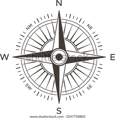 Compass rose pointing north, with radiating spokes marking cardinal directions, symbolizing navigation, exploration, and guidance