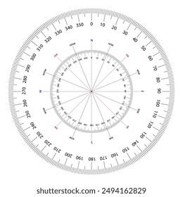 A compass rose showing the four cardinal directions, the four intercardinal directions, and eight more divisions.Compass with a scale from 0 degrees to 360 degrees. Vector