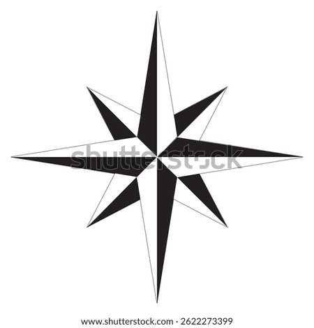 Compass rose, showing the four cardinal directions North, East, South and West, the four intercardinal directions, and eight more divisions. Also known as wind rose, rose of the winds or compass star
