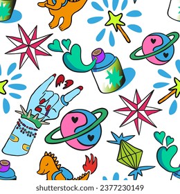 compass rose, spray paint, punk hand, yinyan planet, magic and diamond in vector. pattern with subcultural object. pattern for fabric, background, print. Series of teenage patterns and icons
