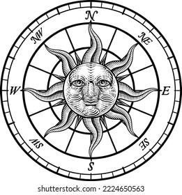 A compass rose with a sun face, drawing in a vintage etching woodcut style.