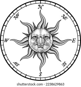 A compass rose with a sun face, drawing in a vintage etching woodcut style.