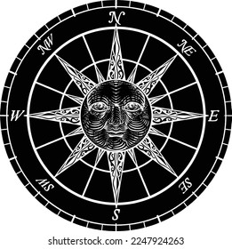 A compass rose with a sun face, drawing in a vintage etching woodcut style.