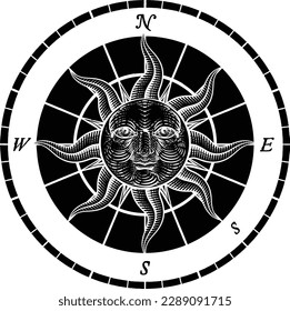 A compass rose with a sun face, drawing in a vintage etching woodcut style.