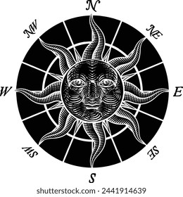 A compass rose with a sun face, drawing in a vintage etching woodcut style.