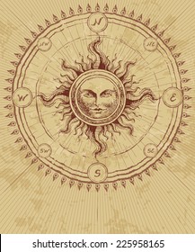 Compass rose with sun on grunge background. Eps8. CMYK. Organized by layers. Global colors. Gradients free.