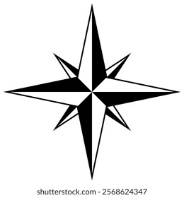 Compass rose symbol, black and white vector star shape illustration of four cardinal directions, white background