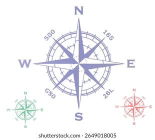 A compass rose in three different colors, purple, green, and red, is displayed on a white background.