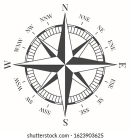 Compass rose. Vector cartographic symbol. Wind rose included on maps in order to let the reader know major world directions (North, South, West, East). Heraldic element in the form of 8-ray star.
