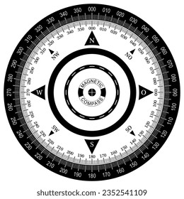 Compass rose vector with eight wind directions and German East description.
Navigation Symbol with 360 degree double scale.
Marine, nautical or trekking navigation symbol or for including in a map.